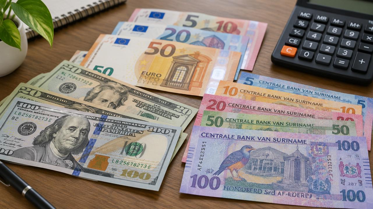Bankbiljetten in SRD, USD en EUR naast een rekenmachine
